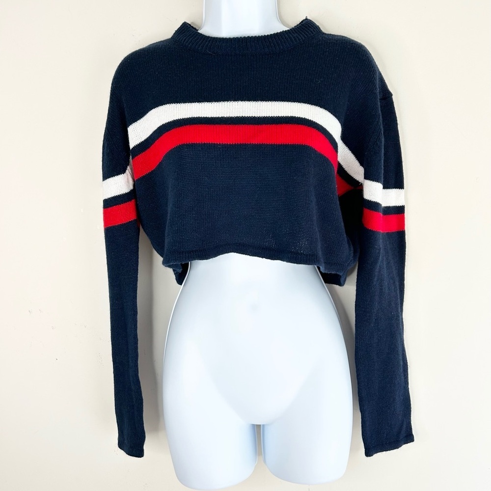 Bluenotes Women's Sweater Top Knit Crop Stripe Long sleeve Crewneck Navy Blue - Picture 10 of 11